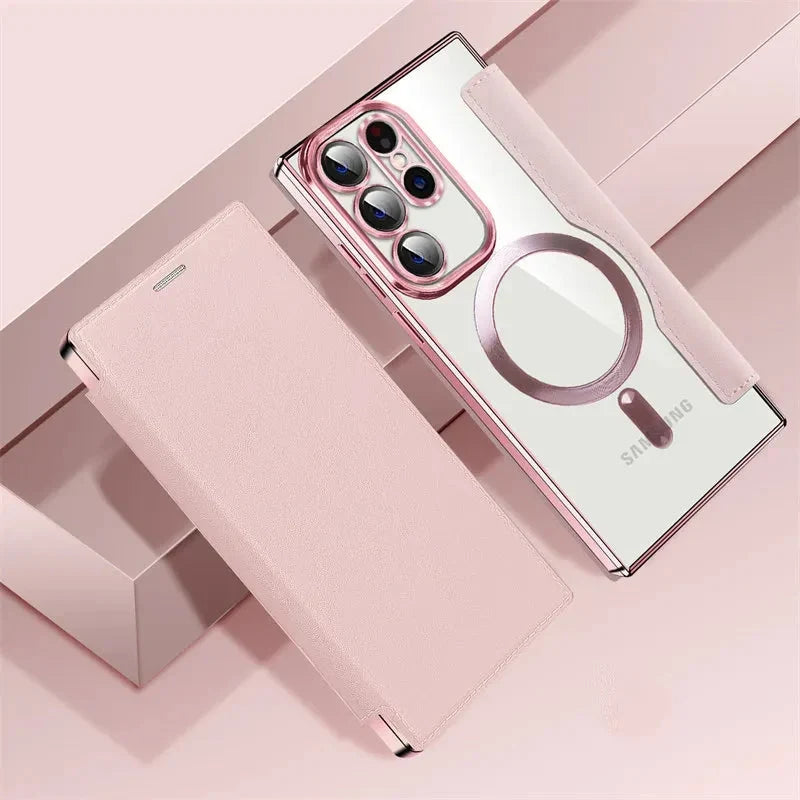 Gennemsigtigt folio-kortholdercover til Samsung Galaxy S22 S23 S24 S25 S26 — MagSafe-ring