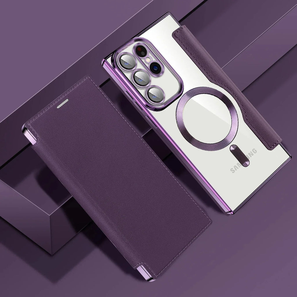 Gennemsigtigt folio-kortholdercover til Samsung Galaxy S22 S23 S24 S25 S26 — MagSafe-ring