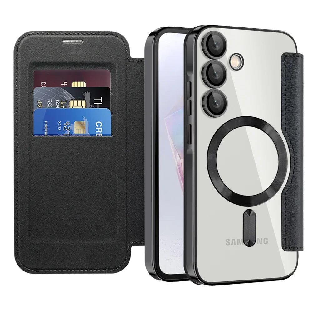 Gennemsigtigt folio-kortholdercover til Samsung Galaxy S22 S23 S24 S25 S26 — MagSafe-ring