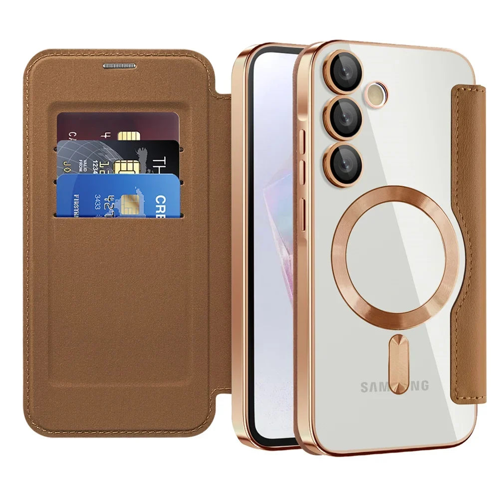 Gennemsigtigt folio-kortholdercover til Samsung Galaxy S22 S23 S24 S25 S26 — MagSafe-ring