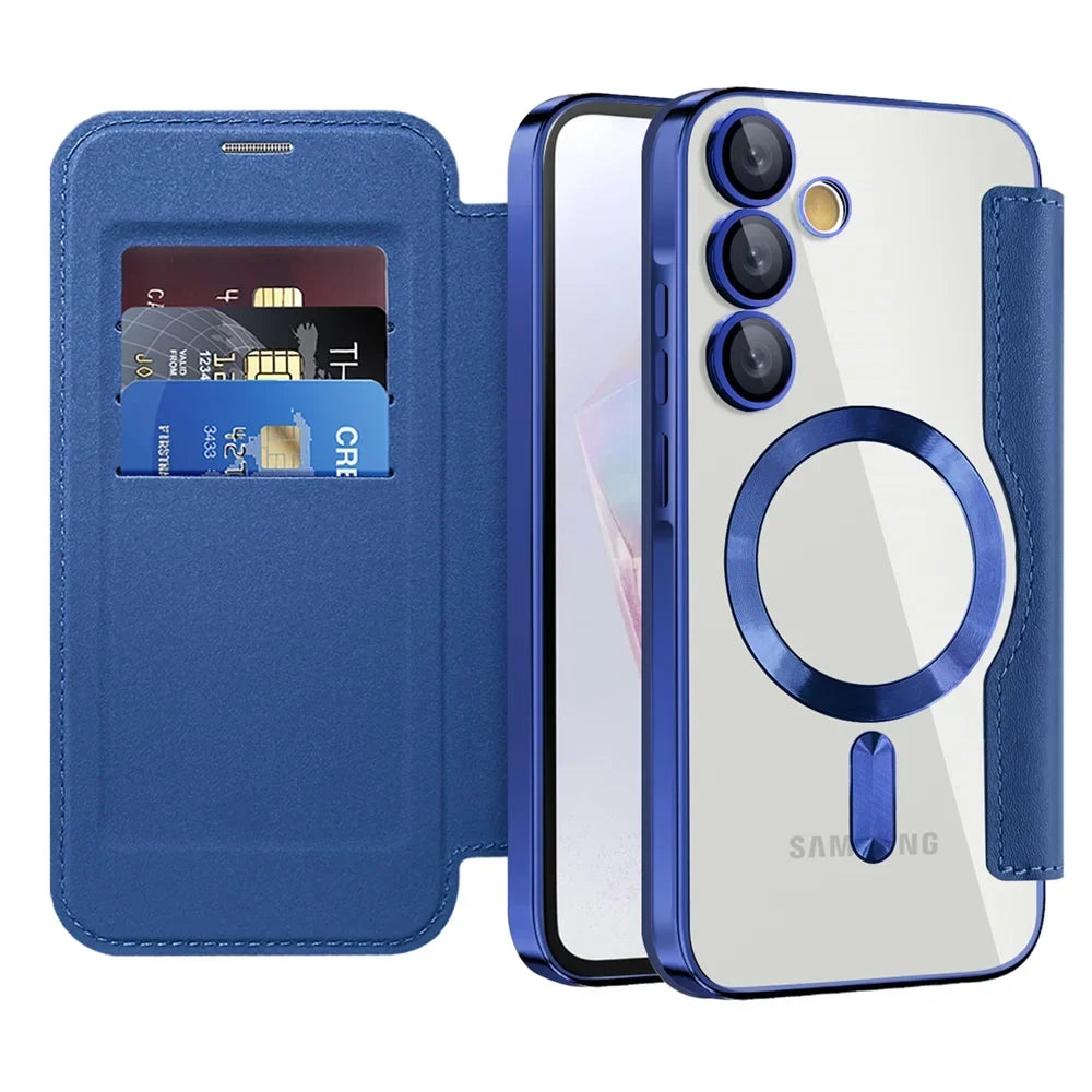Gennemsigtigt folio-kortholdercover til Samsung Galaxy S22 S23 S24 S25 S26 — MagSafe-ring