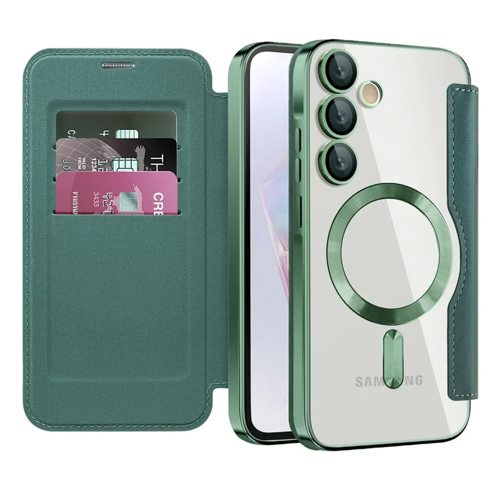 Gennemsigtigt folio-kortholdercover til Samsung Galaxy S22 S23 S24 S25 S26 — MagSafe-ring