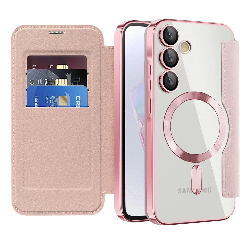 Gennemsigtigt folio-kortholdercover til Samsung Galaxy S22 S23 S24 S25 S26 — MagSafe-ring