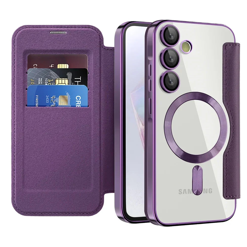 Gennemsigtigt folio-kortholdercover til Samsung Galaxy S22 S23 S24 S25 S26 — MagSafe-ring