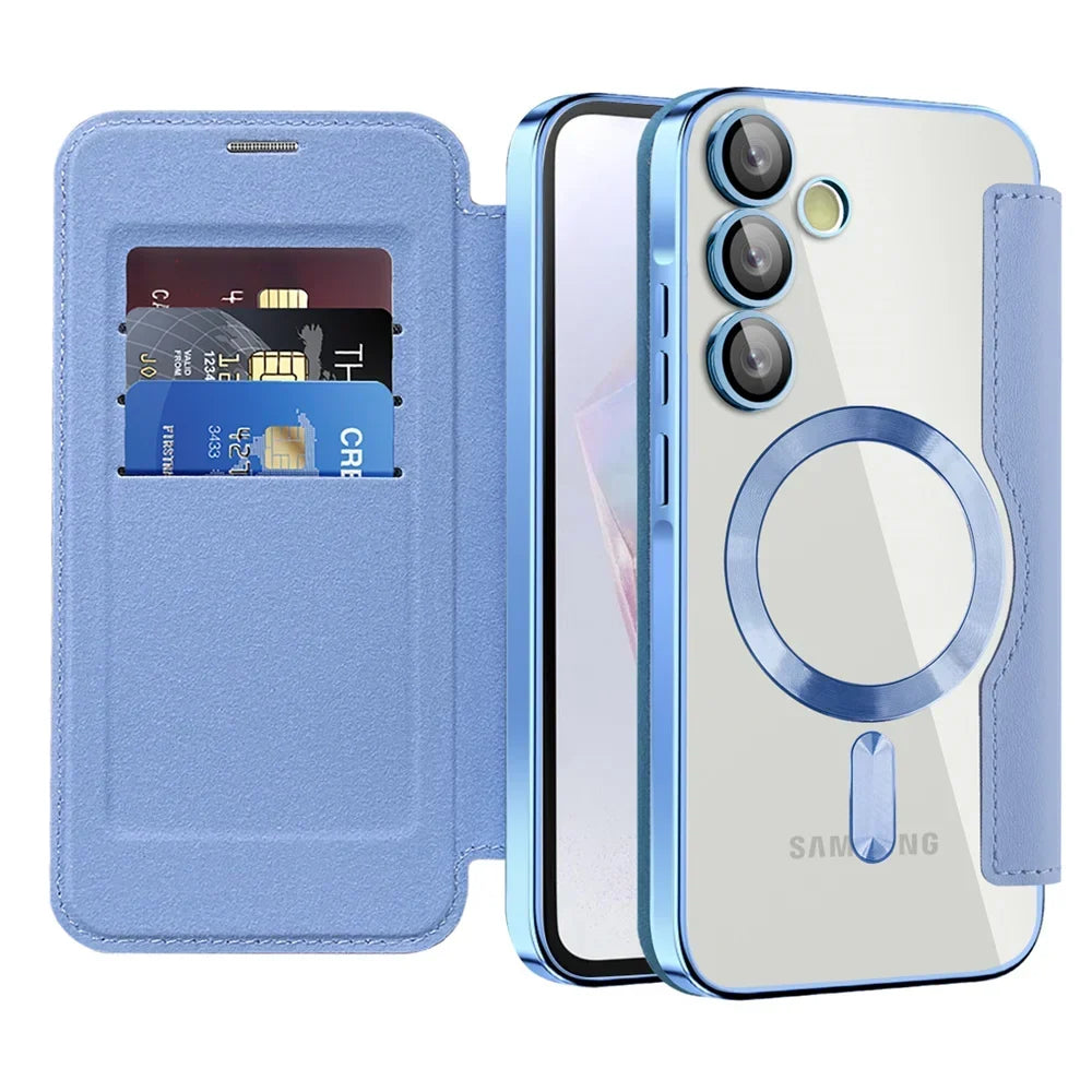 Gennemsigtigt folio-kortholdercover til Samsung Galaxy S22 S23 S24 S25 S26 — MagSafe-ring
