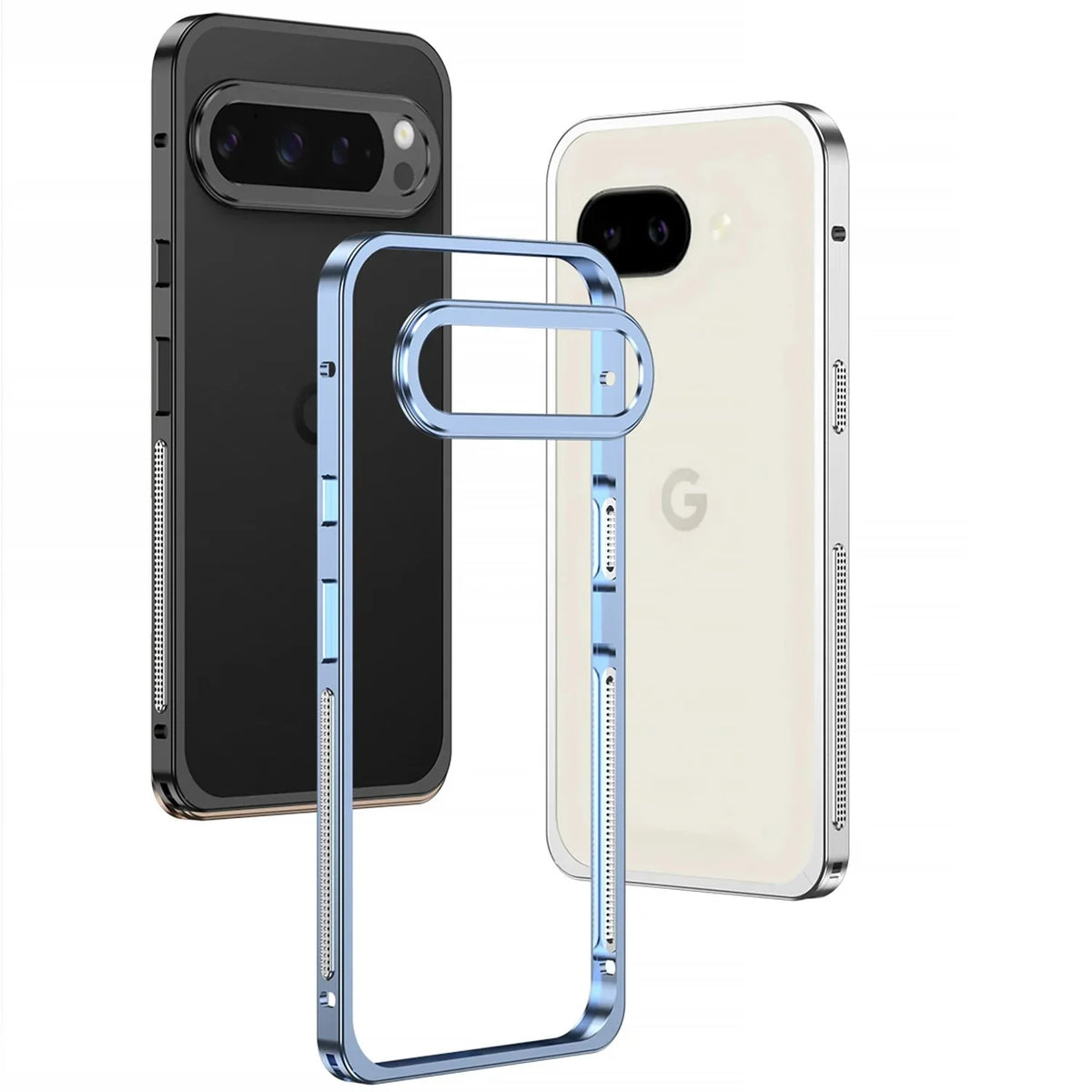 Kovový bumper pro Google Pixel 8/9/10/11 — ventilační otvory, ochrana fotoaparátu