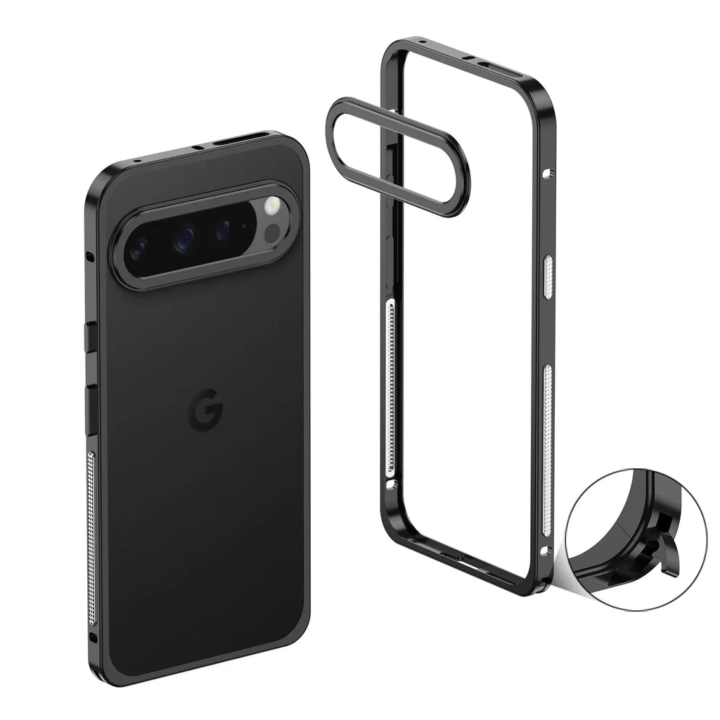 Kovový bumper pro Google Pixel 8/9/10/11 — ventilační otvory, ochrana fotoaparátu