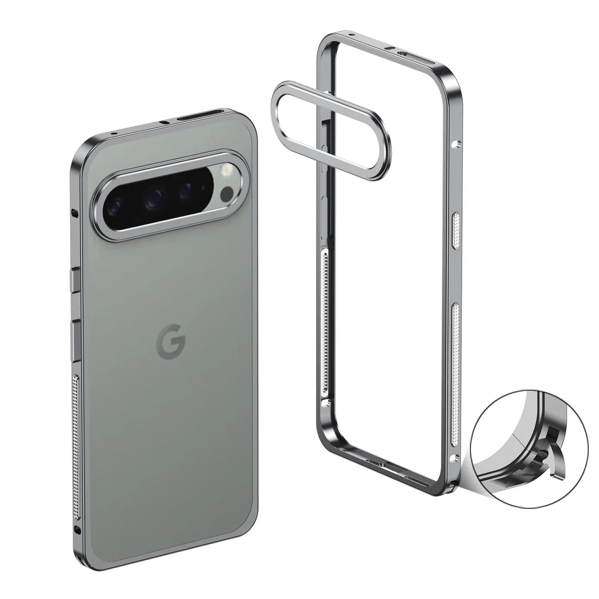 Kovový bumper pro Google Pixel 8/9/10/11 — ventilační otvory, ochrana fotoaparátu