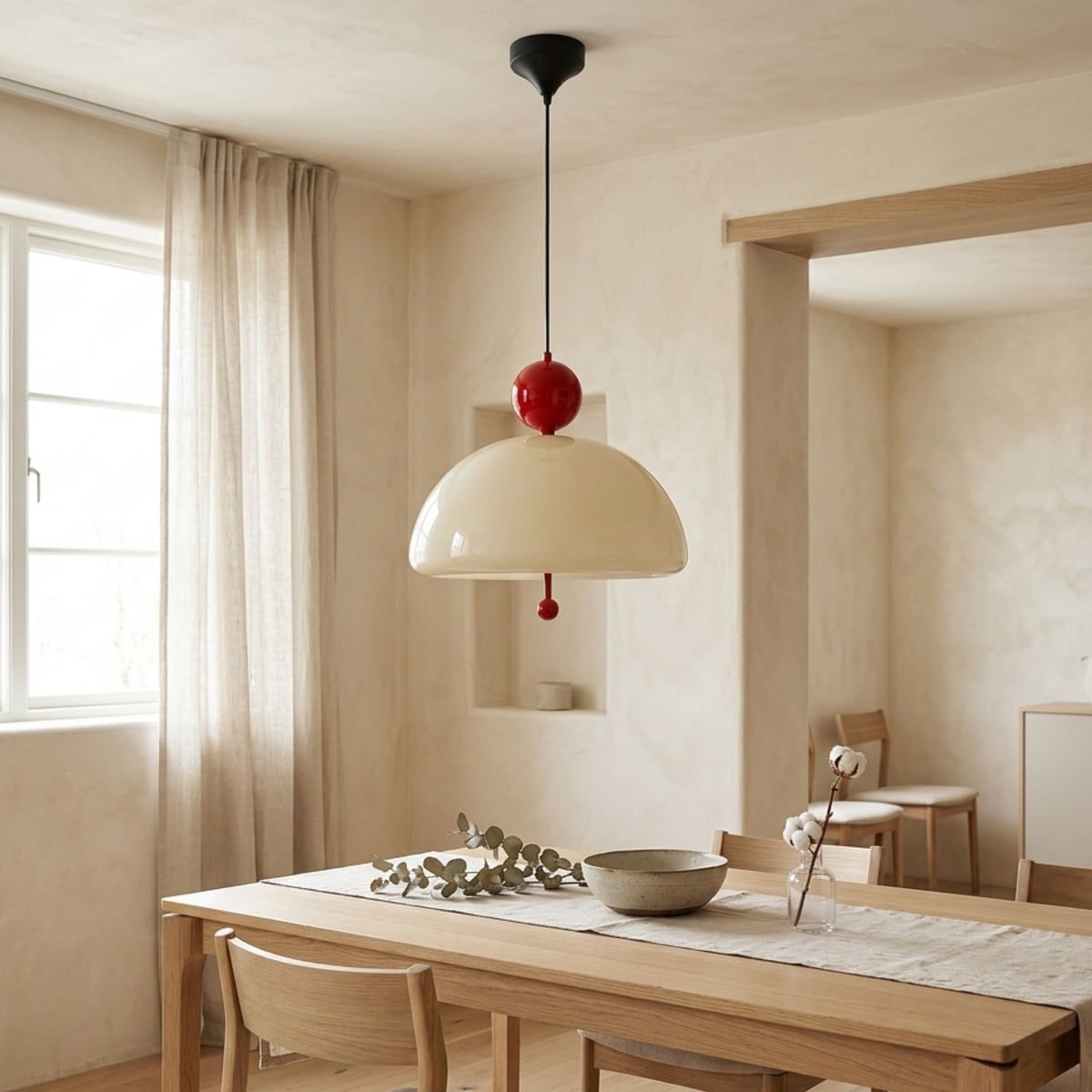 Pendellampe i krom og beige med glasskuppel til taket