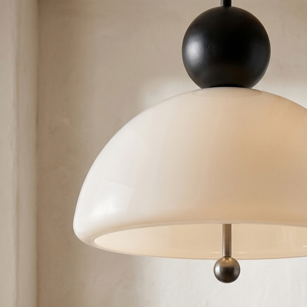 Pendellampe i krom og beige med glasskuppel til taket