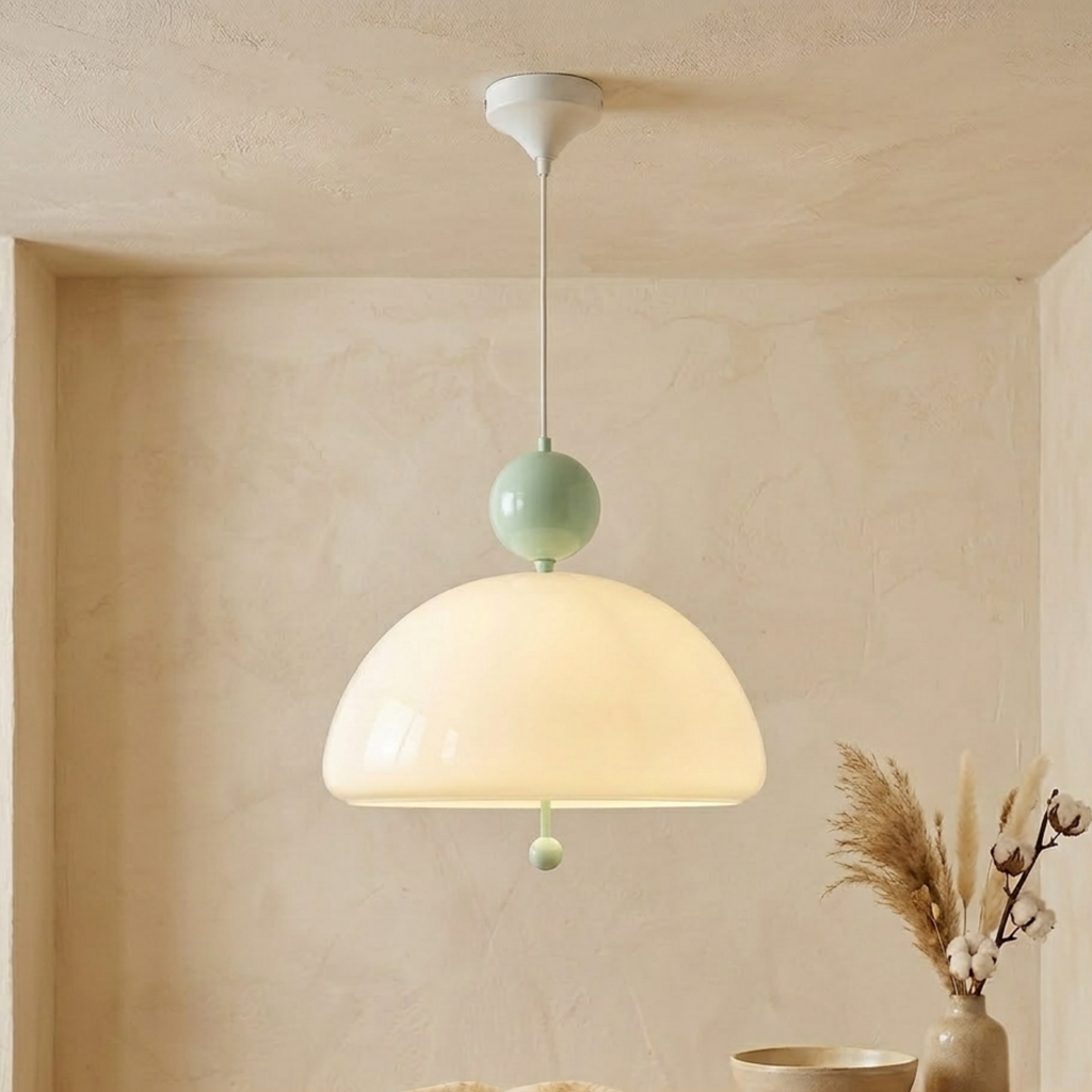 Pendellampe i krom og beige med glasskuppel til taket