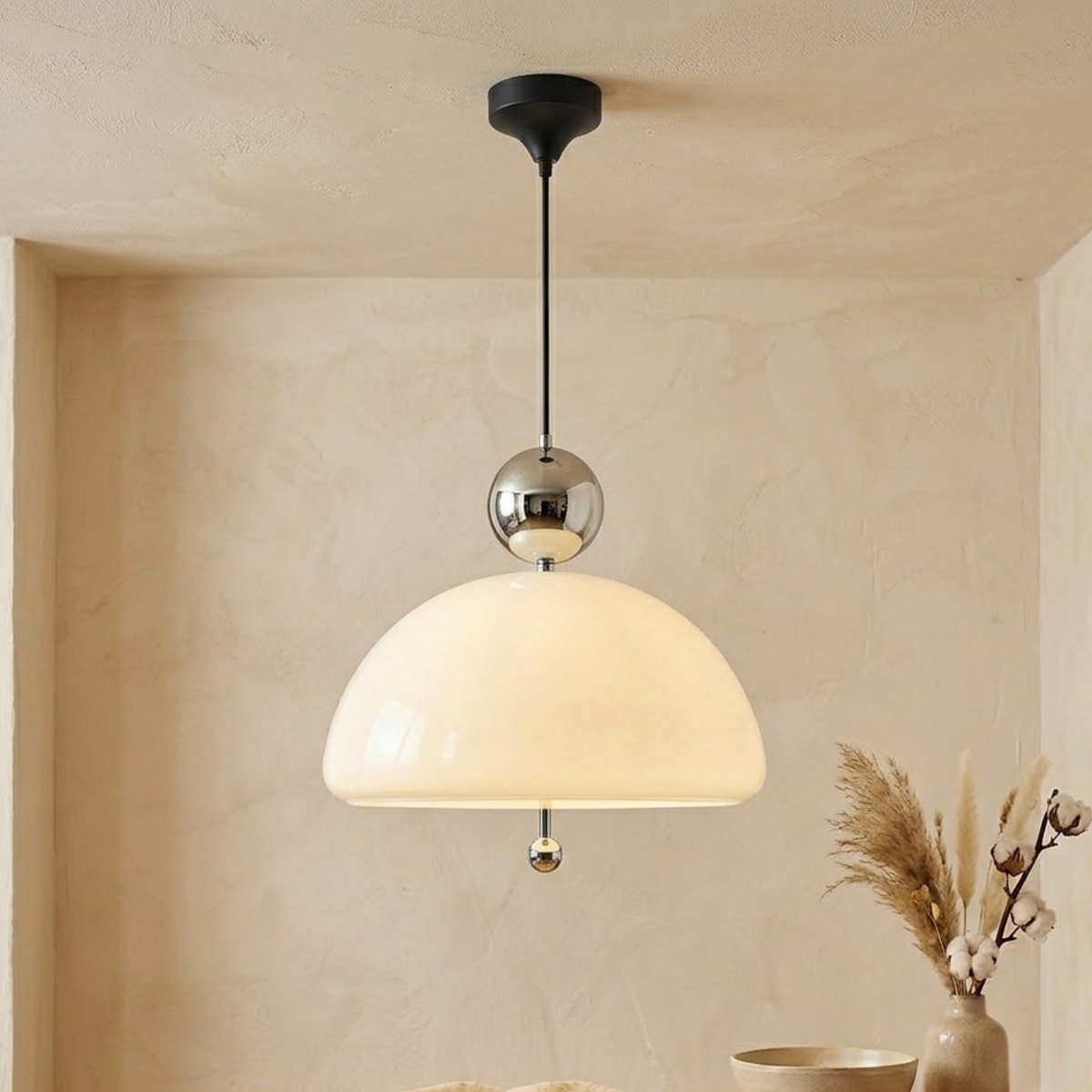 Pendellampe i krom og beige med glasskuppel til taket