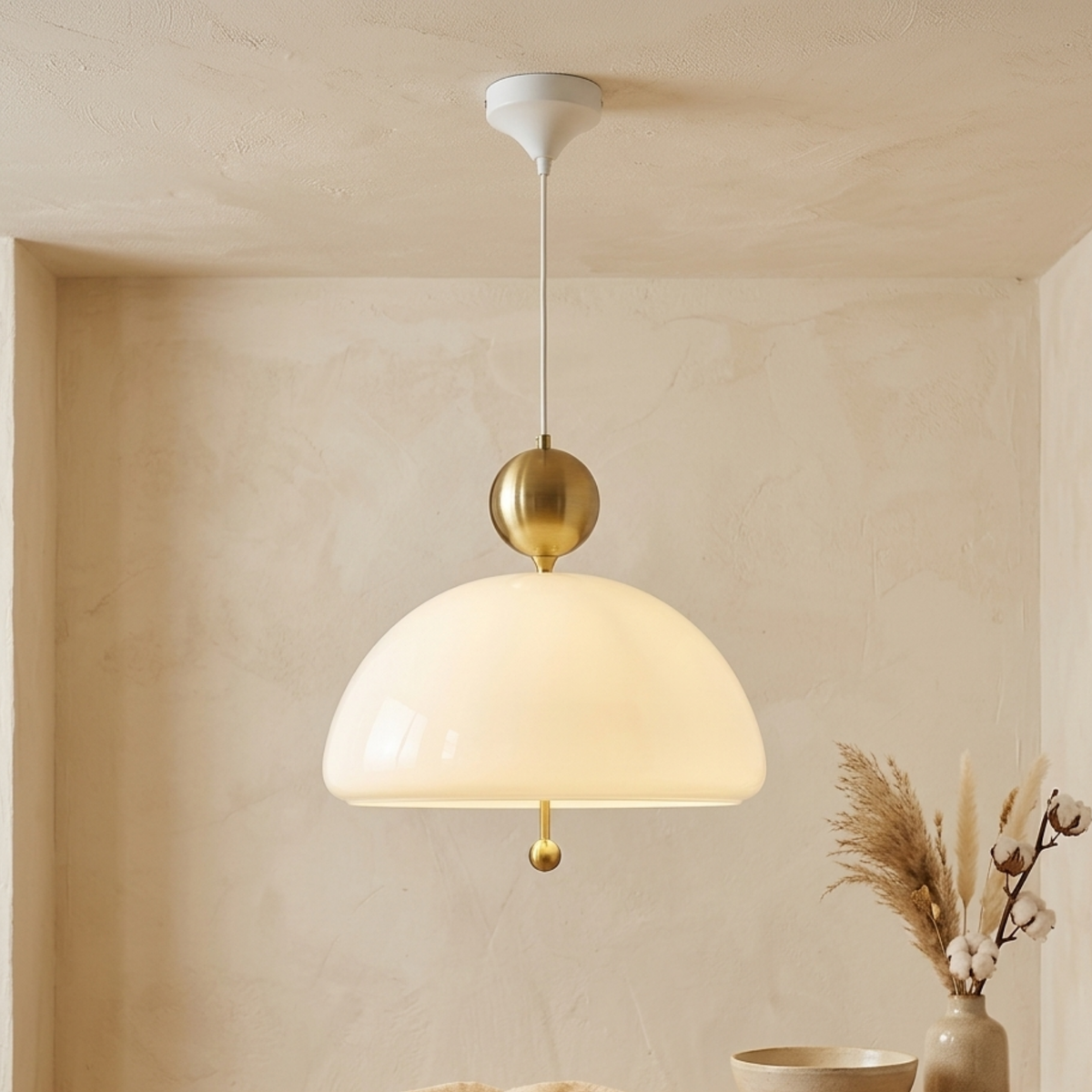 Pendellampe i krom og beige med glasskuppel til taket
