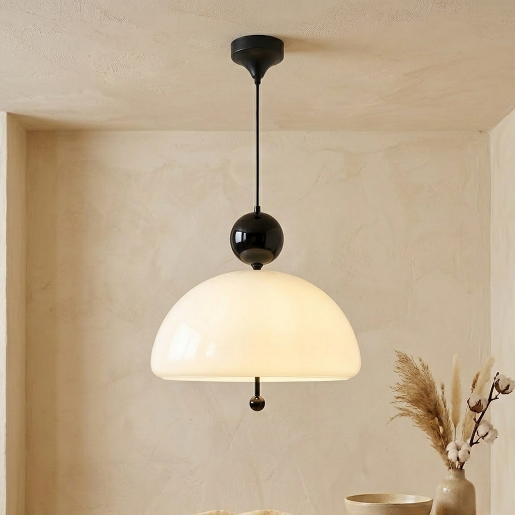 Pendellampe i krom og beige med glasskuppel til taket