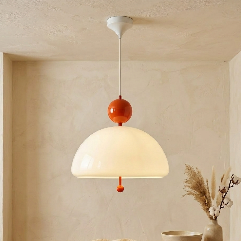 Pendellampe i krom og beige med glasskuppel til taket