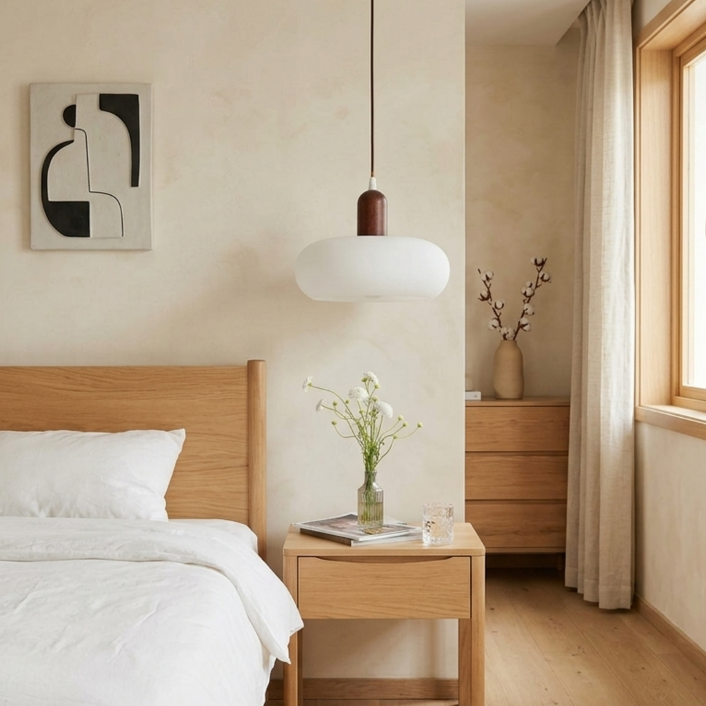 Oval Pendant Ceiling Light — Walnut Wood Shade, Integrated LED