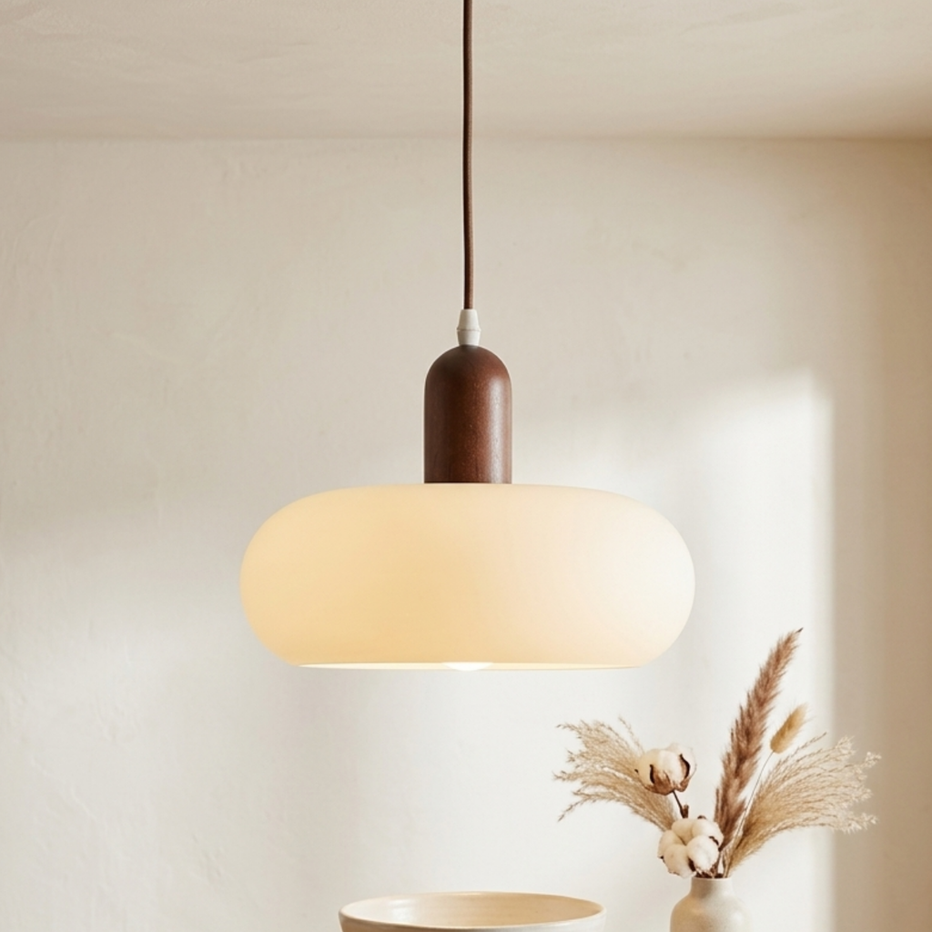 Oval Pendant Ceiling Light — Walnut Wood Shade, Integrated LED