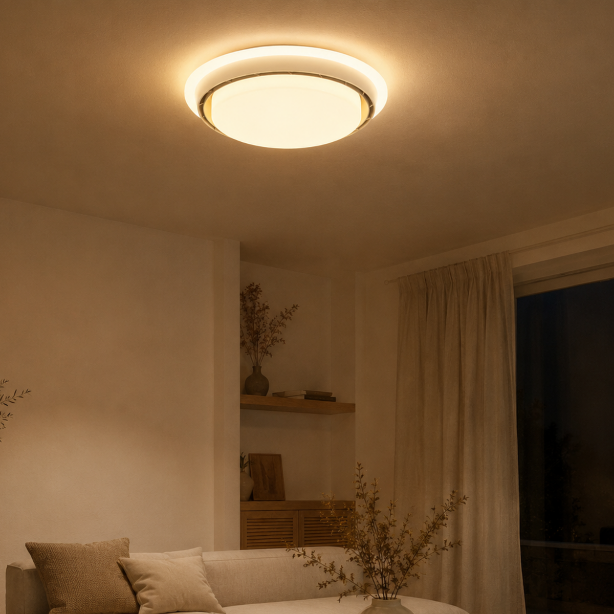 Bladlös LED-takfläkt med belysning — 48 cm i diameter, 14 cm tjocklek