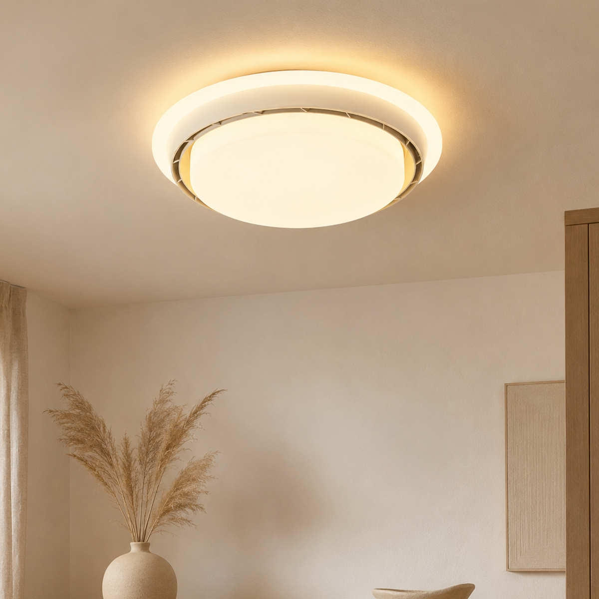 Bladlös LED-takfläkt med belysning — 48 cm i diameter, 14 cm tjocklek