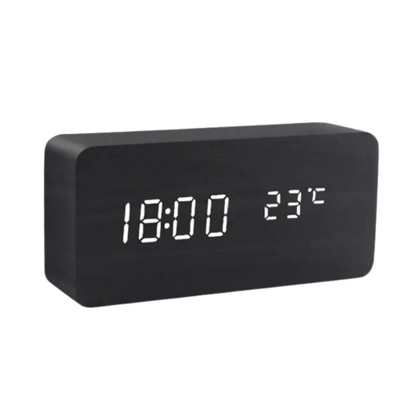 ForestGlow LED-vekkerklokke – digital skjerm, etui med overflate i naturlig tre