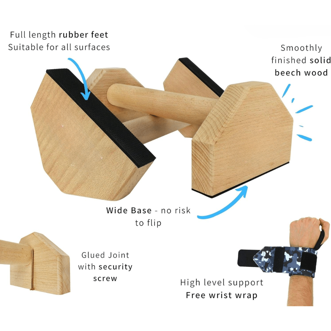 Parallettes in legno per piegamenti e calisthenics CoreFlex — Impugnatura antiscivolo, robusto telaio di supporto
