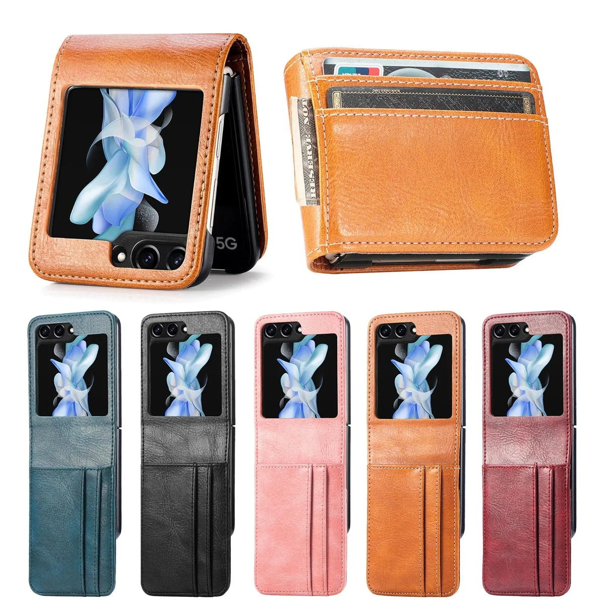 Samsung Galaxy Z Flip 3 4 5 6 7 8 PU Leather Case, Card Slots