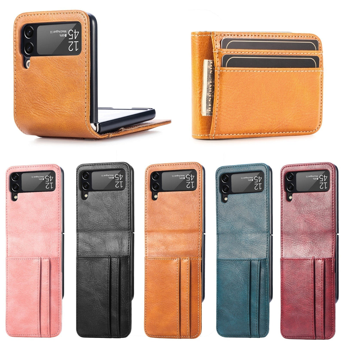 Samsung Galaxy Z Flip 3 4 5 6 7 8 PU Leather Case, Card Slots