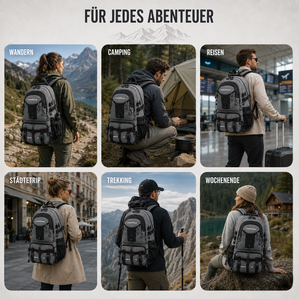 Sac à dos de randonnée de 40L résistant à l’eau — Port USB, compartiment pour ordinateur portable