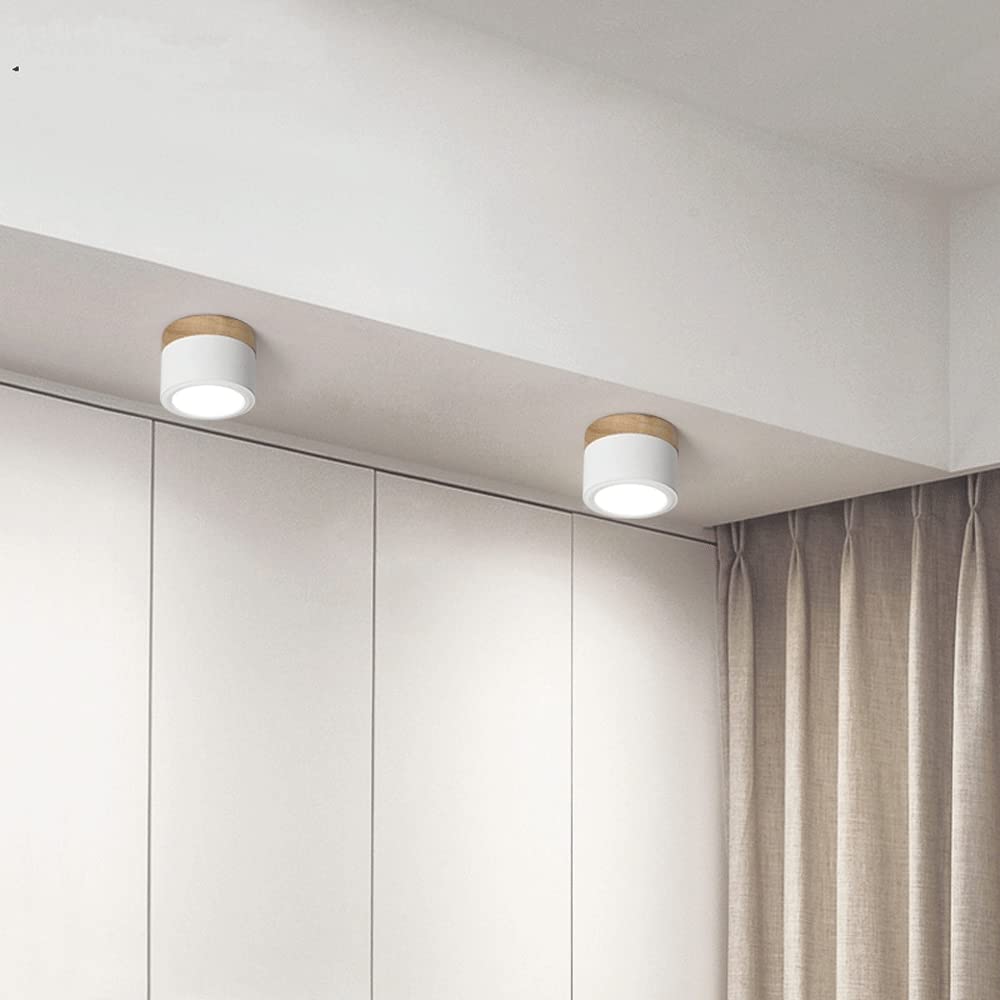 Okrągła przylegająca do sufitu oprawa LED, drewniane detale, aluminium, 5 W lub 7 W, do przedpokoju, sypialni, kuchni i korytarza, nowoczesna, minimalistyczna lampa sufitowa w stylu skandynawskim