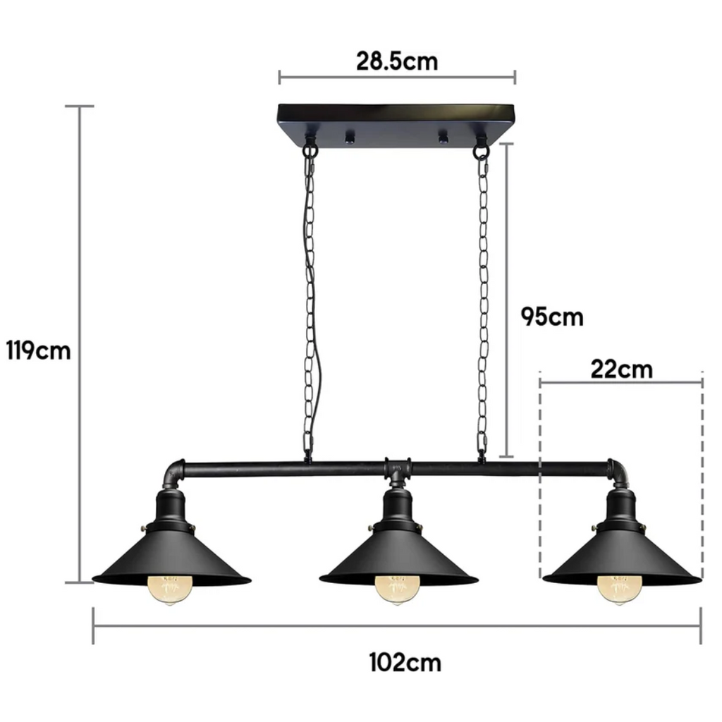 Ipari stílusú, három foglalatos fém lámpatest — 47 × 40 in, rusztikus vörös