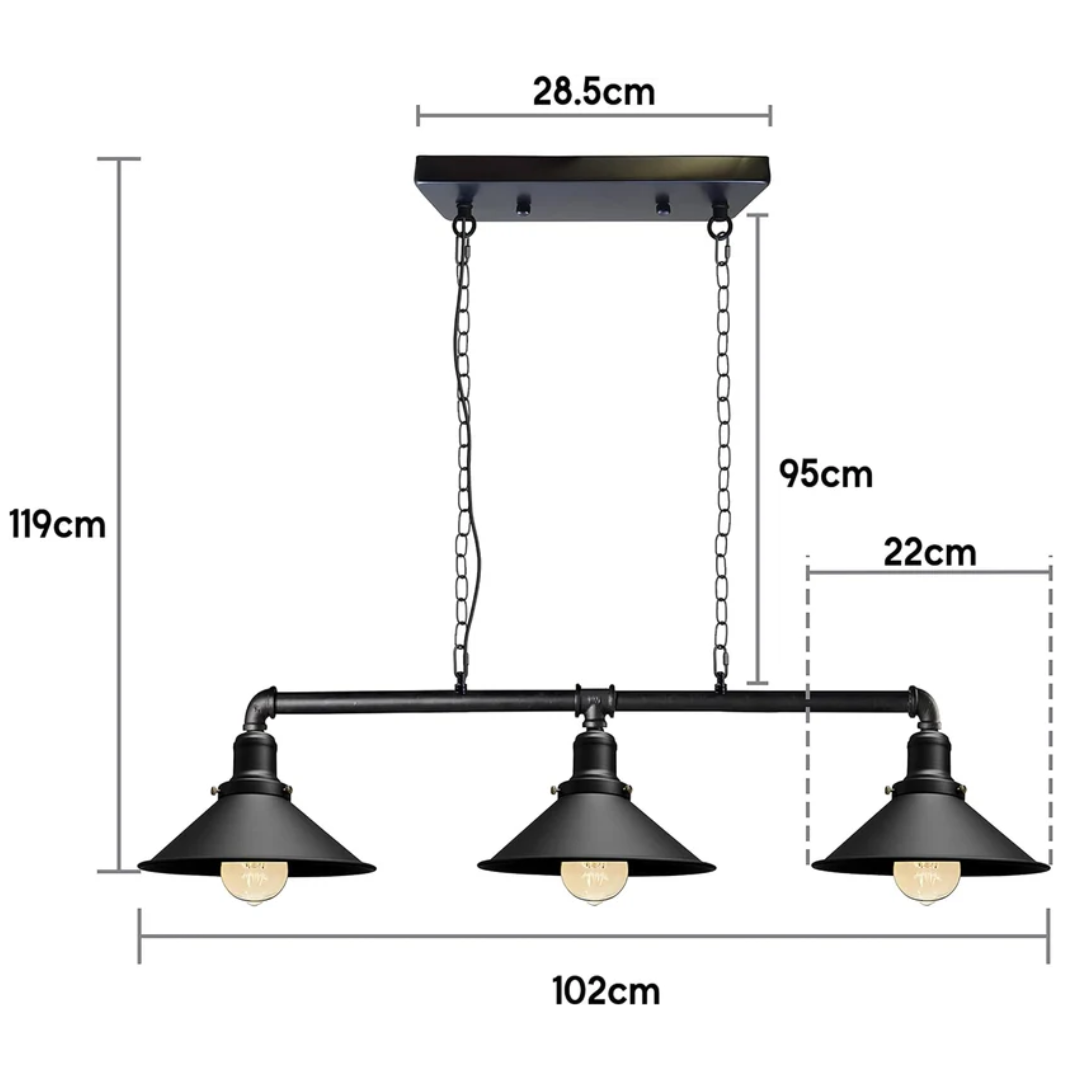 Ipari stílusú, három foglalatos fém lámpatest — 47 × 40 in, rusztikus vörös