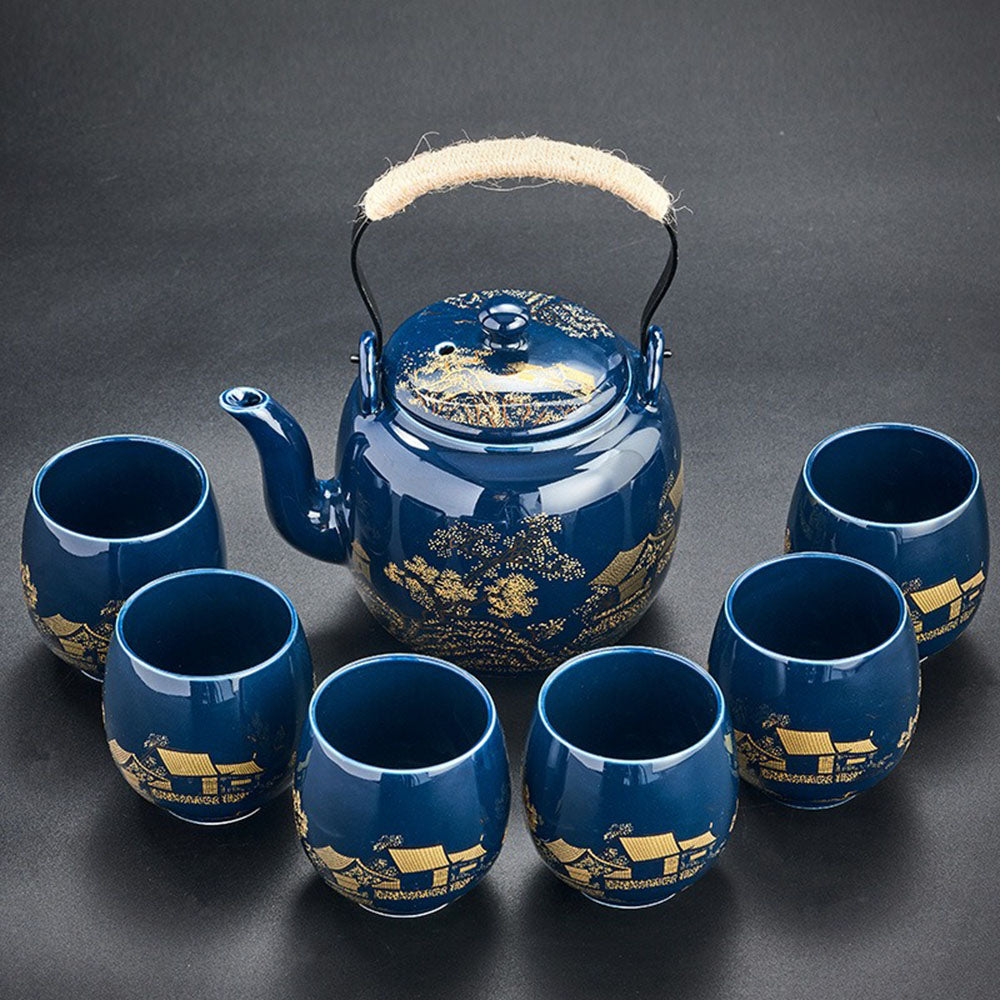 Juego de porcelana azul para gongfu - Bandeja, tetera de 28 fl oz y 6 tazas