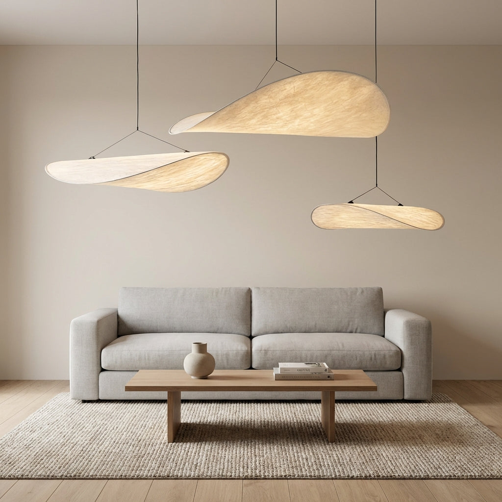 Japandi Style Pendant Light With Silk Shade For Dining And Living Areas