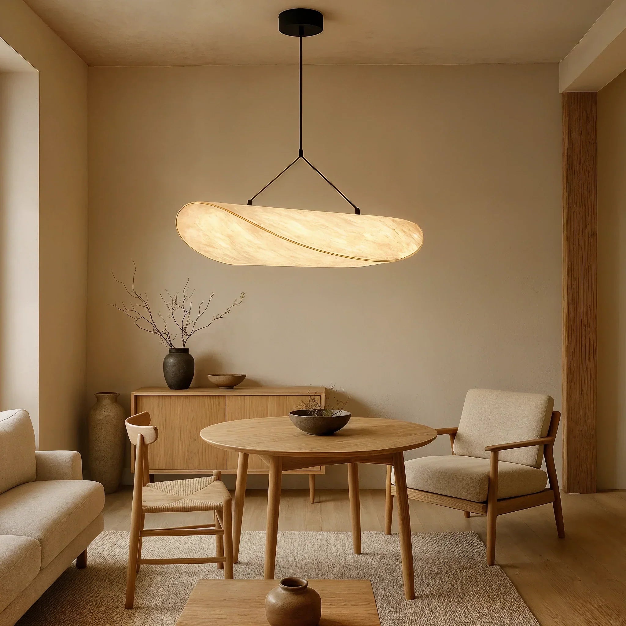 Japandi Style Pendant Light With Silk Shade For Dining And Living Areas