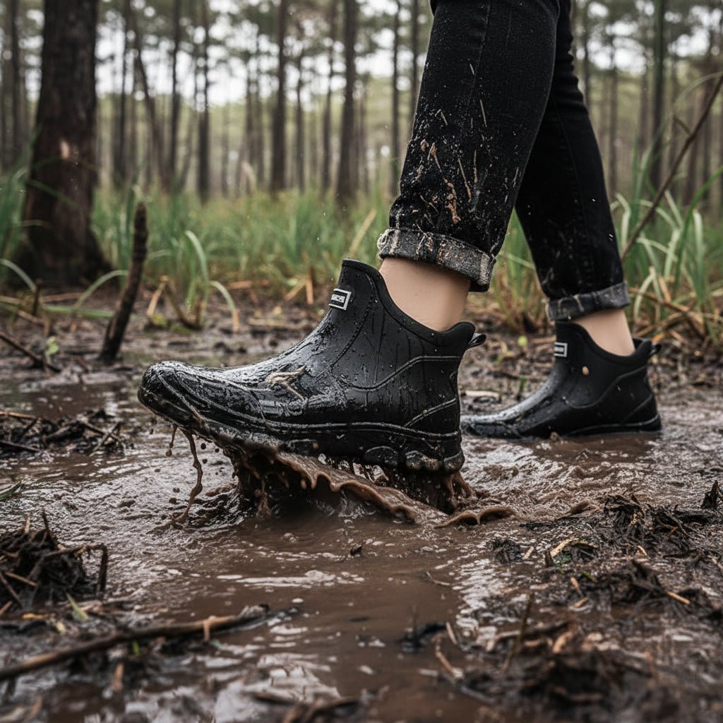 Wasserdichte Regenstiefeletten — rutschfeste Sohle für matschigen Untergrund