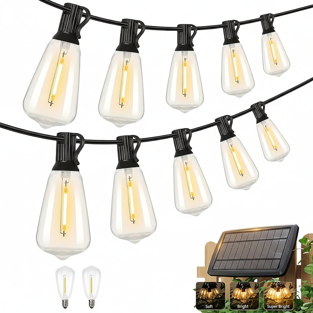 100FT Solar String Lights Outdoor Commercial Grade LED with Dimmable Yellow ST38 Bulbs - Euroselle