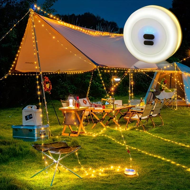 Nabíjecí LED světelný řetěz 33 ft se 100 žárovkami – 8 režimů, voděodolný, pro venkovní použití, kempování, terasu a zahradní dekorace | Thomler