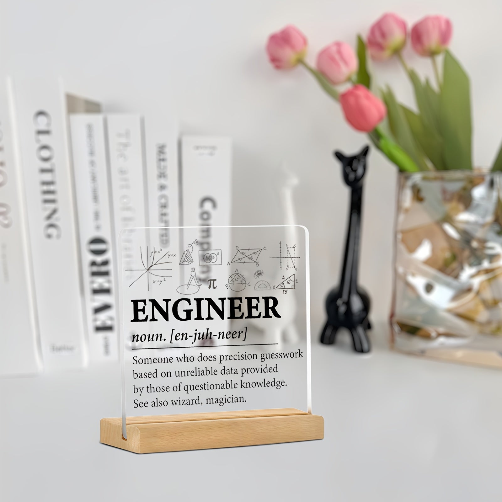 Minimalistisches flaches Acryl-Namensschild mit Holzständer für Schreibtisch- & Regalgestaltung - Euroselle