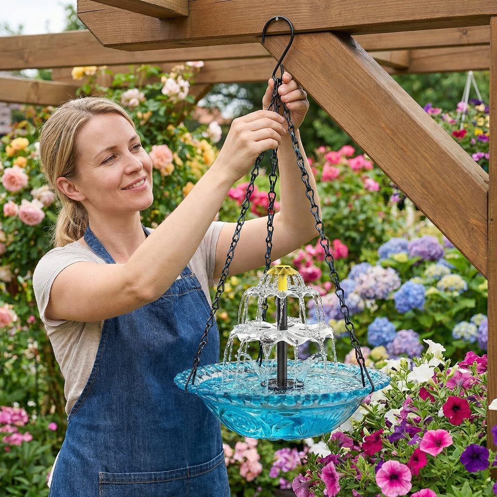 Solar Hanging Bird Bath Fountain — Two-Tier Cordless Water Feature