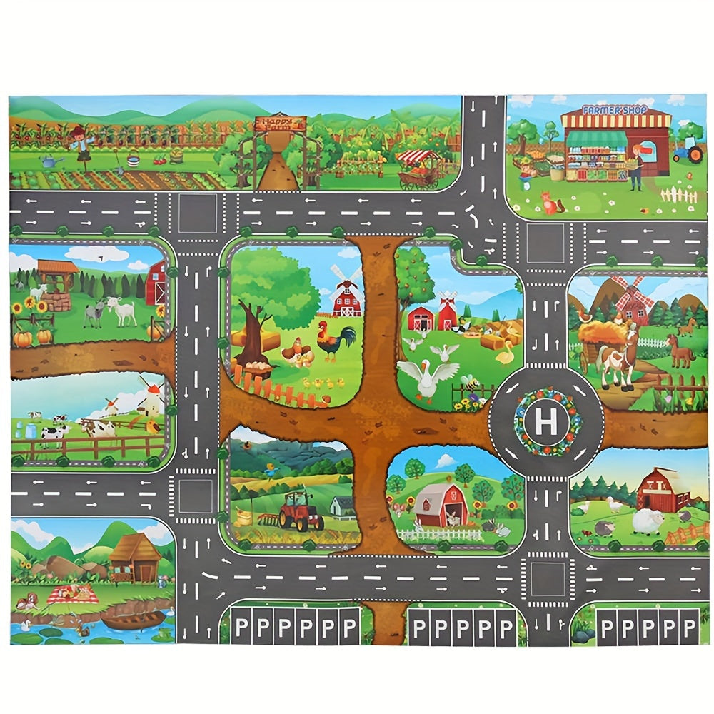 Alfombra de juego infantil con caminos de granja, 39 × 51 pulgadas, alfombrilla tejida antideslizante para juegos de simulación con vehículos de niños pequeños y decoración de habitación infantil