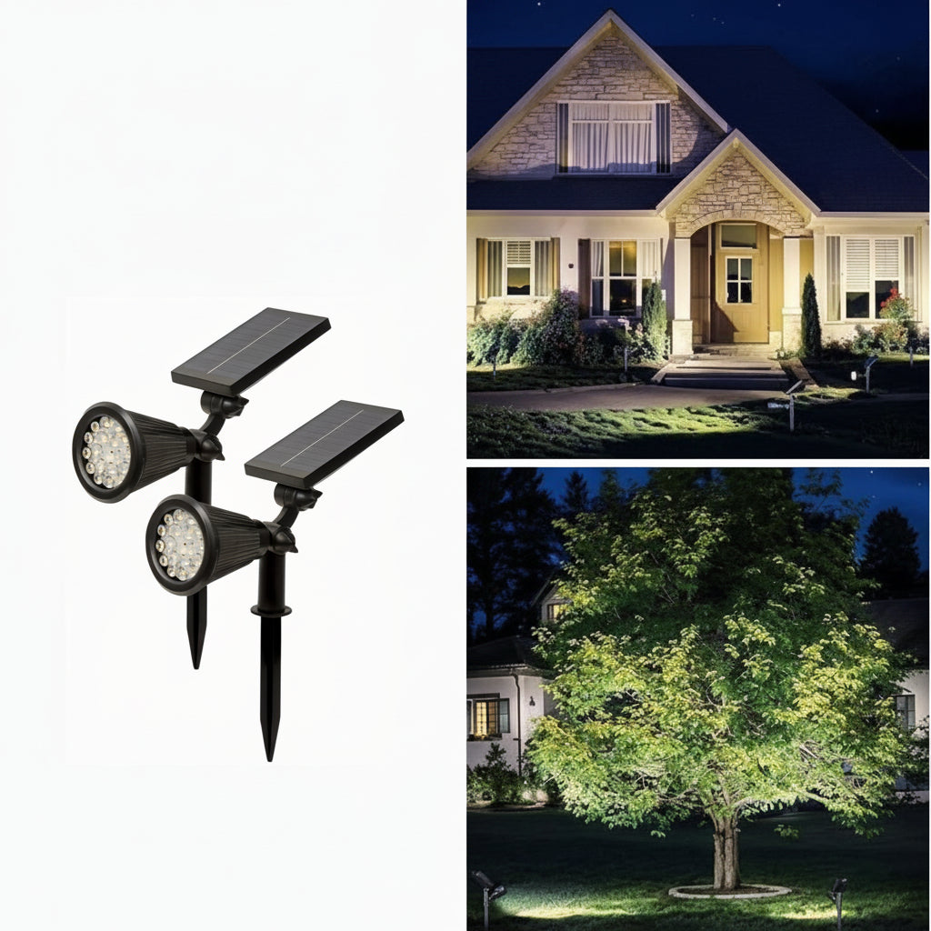 Outdoor Solar Landscape Lights 2-Pack LED Spotlights with 3-Level Dimming & IP44 Waterproof - Euroselle