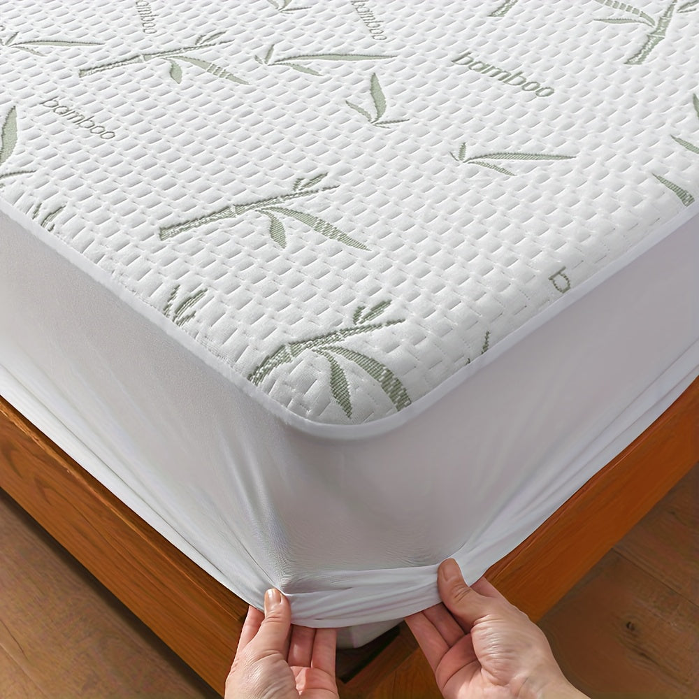 Cobrecolchão de fibra de bambu com bolsos profundos para um ajuste perfeito, camada de malha jersey ventilada para controlo da temperatura, disponível nos tamanhos Twin, Full, Queen e King, para dormir confortavelmente durante todo o ano