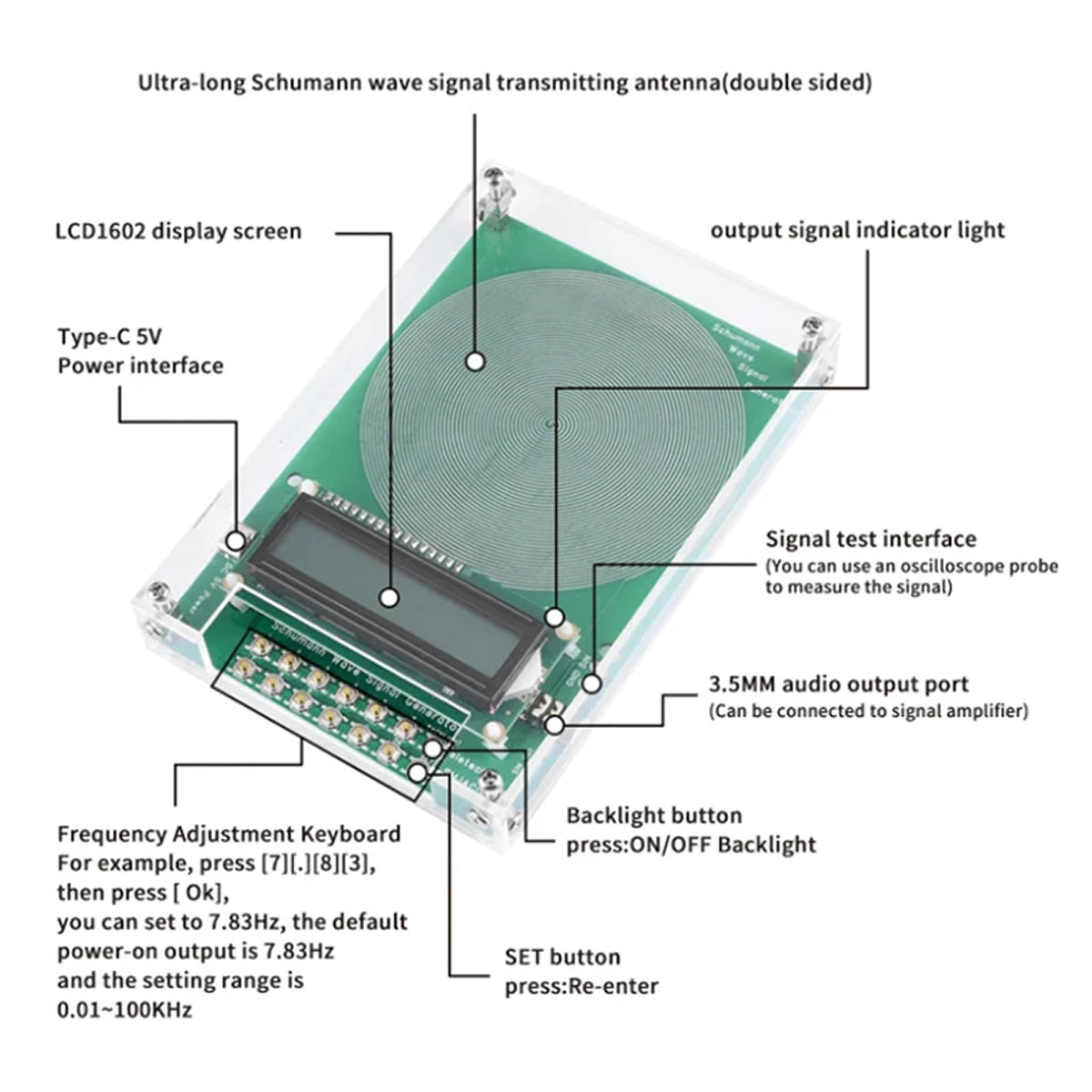 Sinuswellensignalgenerator — 7.83 Hz Einstellung, 0.01–100,000 Hz
