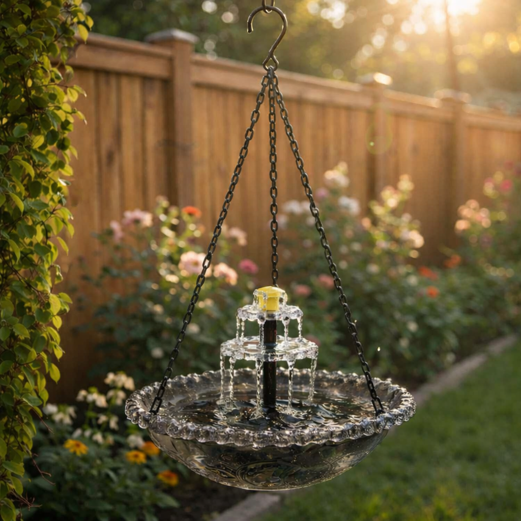 Solar Hanging Bird Bath Fountain — Two-Tier Cordless Water Feature