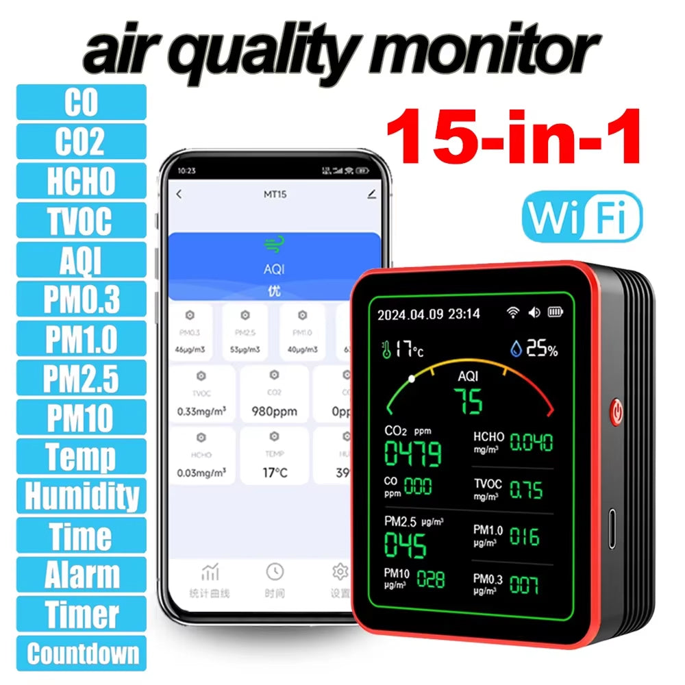 15-in-1-WLAN-Luftqualitätsmessgerät — CO2-, VOC- und PM2.5-Detektor
