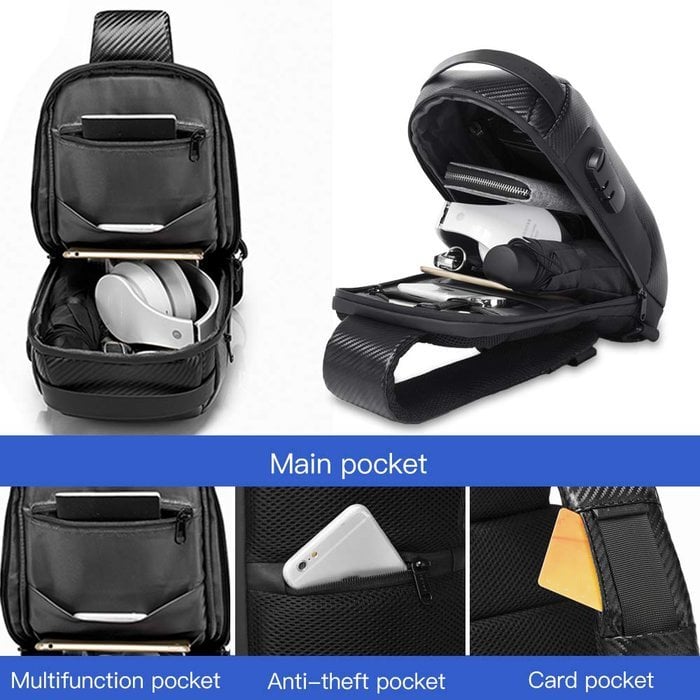 Crossbody-slingtaske — vandafvisende, USB-port, TSA-lås