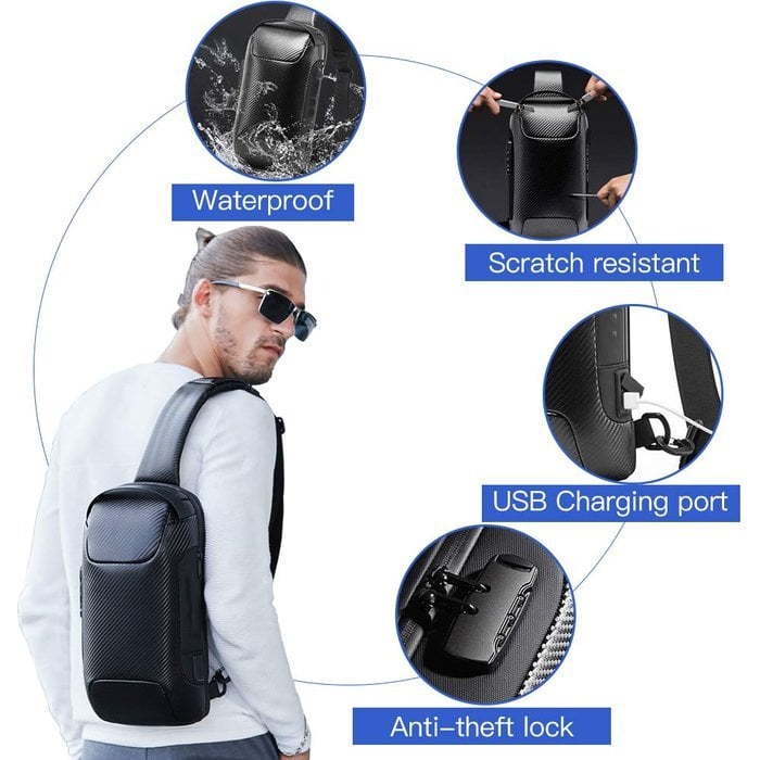 Crossbody-slingtaske — vandafvisende, USB-port, TSA-lås