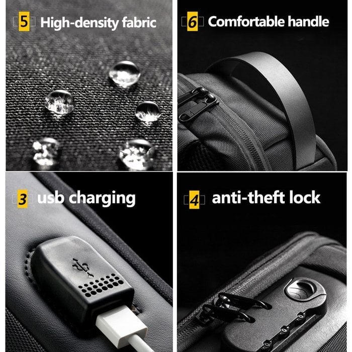 Crossbody-slingtaske — vandafvisende, USB-port, TSA-lås