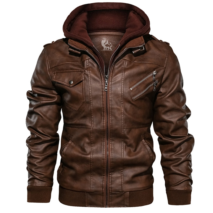 Men's Hooded Faux Leather Jacket with Removable Hood – Waterproof Scratch-Resistant Moto Biker Coat for Fall Winter