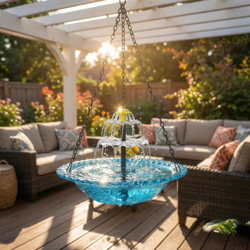 Solar Hanging Bird Bath Fountain — Two-Tier Cordless Water Feature